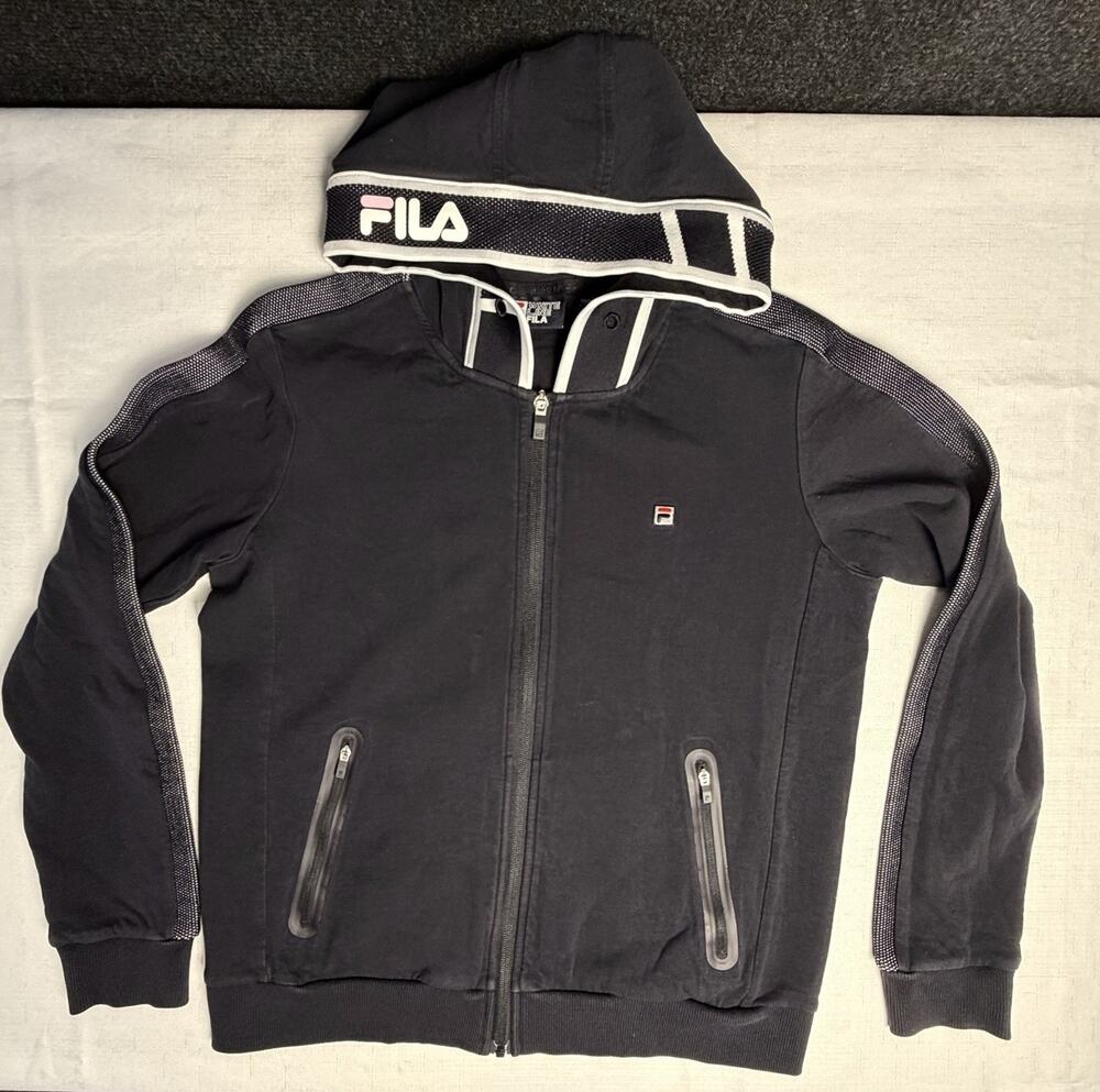 FILA White Line Women's L Black Full Zip Hoodie Pink Logo Retro Streetwear